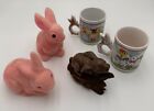 New ListingVintage Flocked Easter Coin Bank Pink Bunnies Brown Rabbits Coffee Mugs Vtg
