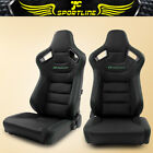 Universal Pair Reclinable Racing Seat Dual Slider PU Leather w/ Green Stitch