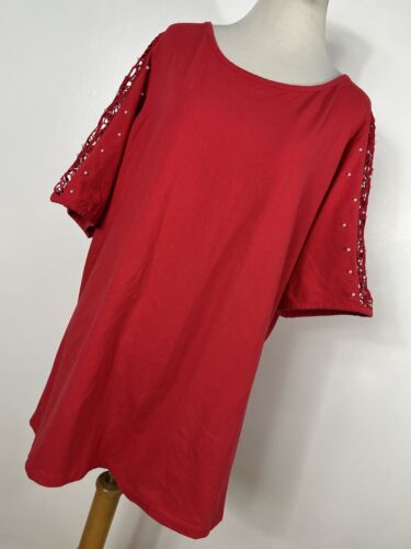 Quacker Factory 2X Shirt Top Red Open Crochet Pearl Embellished Sleeve Long M2