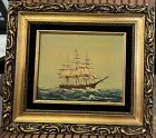 Antique Seascape Clipper Sailing In the Sunset, painting on Board Artist Signed