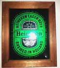 Vtg Heineken Lager Beer Holland Wood Framed Glass Mirror Bar Pub Sign 11.7x9.75