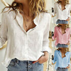 Womens Cotton Linen Plain Blouse Tops Ladies Baggy Long Sleeve Casual T-Shirt
