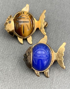 Vintage signed WRE 1/20 12K gold  Stone scarab fish Set Of 2 unusual￼ pin brooch
