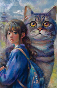 original drawing 20 x 30 cm 63SkV Artwork Pastel modern girl&cat portrait