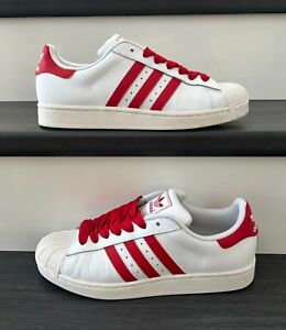Men's Size 9 1/2 Adidas SuperStar II Classic White Red Leather Shoes Fat Laces