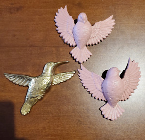 3 Vintage Birds 2 Pink Burwood Doves & 1 Homco Gold Hummingbird MCM