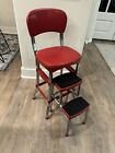 Vtg COSCO Stylaire Mid-Century Red Metal Fold Out Step Stool Chair Chrome Legs