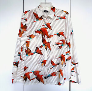 Akris Bird Karminspint Print Cotton Shirt Top White Orange Stripe Blue 8