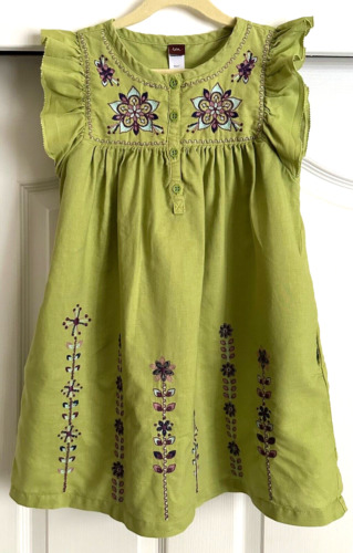 TEA Collection green embroidered ruffles linen cotton sleeveless dress - Size 7