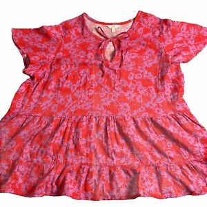 Terra & Sky Shirt Woman’s Blouse 2X Orange Floral Flare Short Sleeves Baby Doll