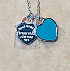 Tiffany & Co Blue Enamel Return To Mini Double Heart Pendant Necklace Silver 925