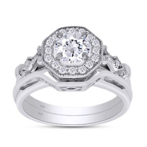 Vintage Bridal Engagement Halo Ring Set Simulated Diamond 925 Sterling Silver