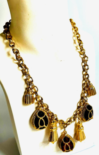 Vintage Kalinger Paris 1980’s Cabochon Faceted Lucite/Fobs  Charm Chain Necklace