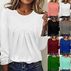 Womens Tops Long Sleeve Solid Pleated Crew Neck Casual Loose Fit Work Shirts Tee