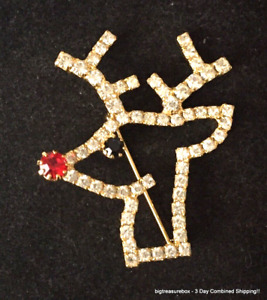 Vintage Brooch Pin Rhinestone Gold tone Reindeer Deer Jewelry lot y