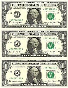 United States USA 3x 1 dollar 2021 P-551 Letter J UNC consecutive