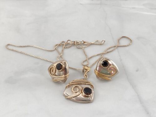 Michou Sterling Silver Smoky Quartz Necklace Stud Earrings Modernist Jewelry Set