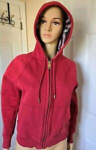 Burberry Check Lined Hoodie Red Zip Front Jacket Size S P