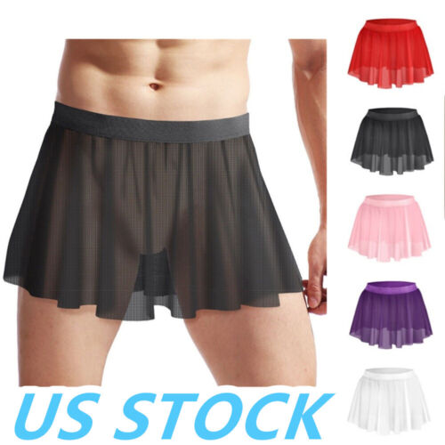US Men Sissy Sheer Ruffled Skirt Elastic Miniskirt Crossdress Lingerie Sleepwear