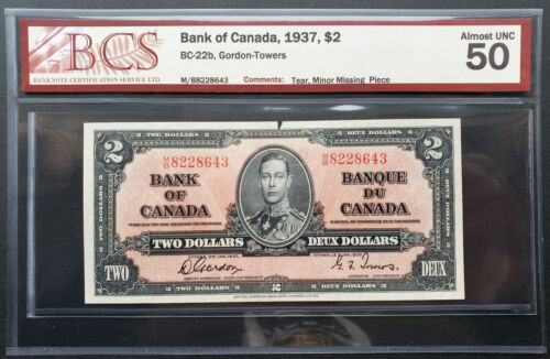 1937 Bank of Canada $2 Gordon/Towers Signature M/B8228643 BCS AU50 BC-22b