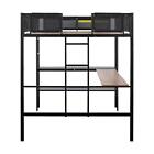 Metal Full Size Loft Bed w/Built-in Desk 2-tier Shelves Grid Panel 2 Side Ladder