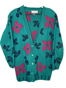 Izod Button Up Hand Knitted Teal Floral Cardigan Sweater Chunky Size MEDIUM Vtg