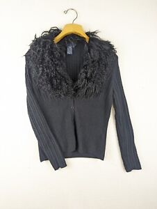 Mag Magaschoni Women Lamb Fur Trim Cashmere Cardigan Sweater Black Size Large