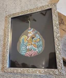 Vintage Framed Peepal Leaf Painting Mary Baby Jesus Wise Men 8