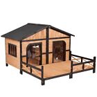 Wooden Raised Large Outdoor Dog House Weatherproof Cabin Shelter Porch Deck