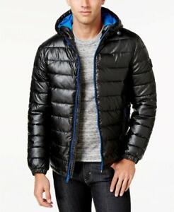 Cole Haan Mens XXL Quilted Faux Leather Hooded Puffer Jacket Insulated Black NEW