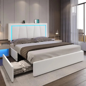Full/Queen Size Upholstered Platform Bed with LED Lights, USB Charging & Storage