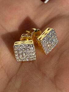 Real Solid 925 Silver Iced Hip Hop Earrings Screw Back Gold Plated Square CZ