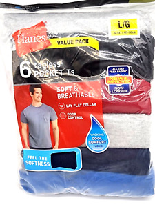 6 Hanes Men's Moisture-Wicking Cotton Pocket T-Shirts Large Wicking Adult