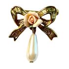 Vintage Gold Tone Brooch Pin Bow Pink Ceramic Ornate Rose Drop Faux Pearl K