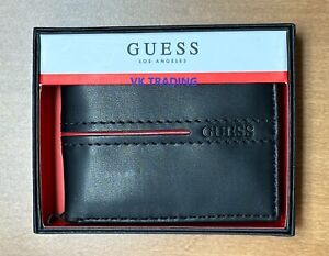 GUESS 220087 Genuine Men Leather BILLFOLD Wallet Valet Black Red Stripe