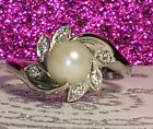 💎 14K Solid White Gold Pearl Diamonds Flower Halo Bypass Ring signed WS sz6