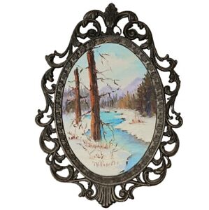 Vintage Miniature Oil Painting In Metal Filigree Frame Winter Trees River Snow