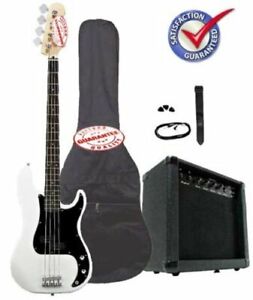 Electric Bass Guitar Pack, 20 Watts Amp, Bag, Strap, Cable, White