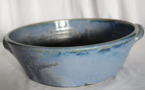 New ListingVintage Primitive Pottery Artist Signed Glazed Stoneware Blue Serving Bowl 9.5