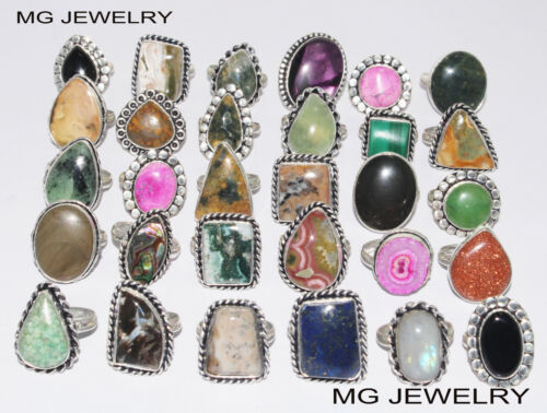 5 Pcs to 500 Pcs Mix Adjustable Rings Lot Gemstone 925 Sterling Silver Plated