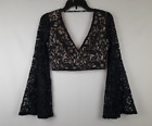 Forever 21 Size M Lace Black V-Neck Long Bell Sleeve Zip Back Women's Crop Top
