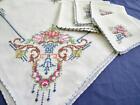 Antique 1940s Linen Cross Stitch Embroidered Tea Tablecloth 4 Napkin Flower Urn