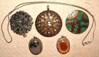 5 Vintage Pendants, one Chain. Brass w/Red Coral; Silver w/roses, 2  agate cabs