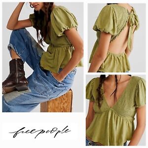 New Free People XL Babydoll Charlotte Top Olive Green Smocked Open Back Blouse