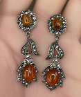925 Sterling Silver - Vintage Amber & Marcasite Dangle Earrings
