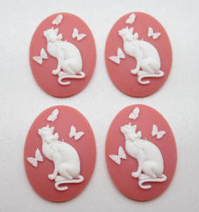 Cat Cameos 40x30mm Oval Cabochons White on Pink Cats Sitting w Butterflies Qty 4