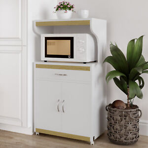 Microwave Stand with Storage – Rolling White Cabinet with Doors Freestanding