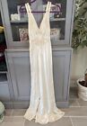 Vintage Satin long womans slip Size Small, Ivory And Lace, plunging neckline