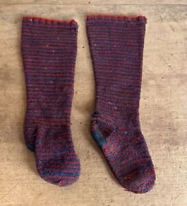 New Listing19Th Century Antique Hand Knit Socks Stockings Blue & Red Striped Textile