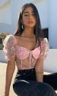 Pink Floral Pattern Sheer Short Puff Sleeve V Neck Bustier Crop Top Blouse NWT